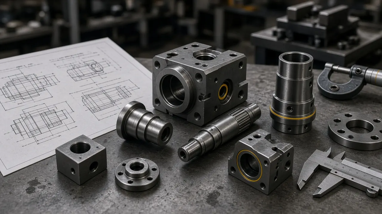 Custom-machined components beside an engineering drawing